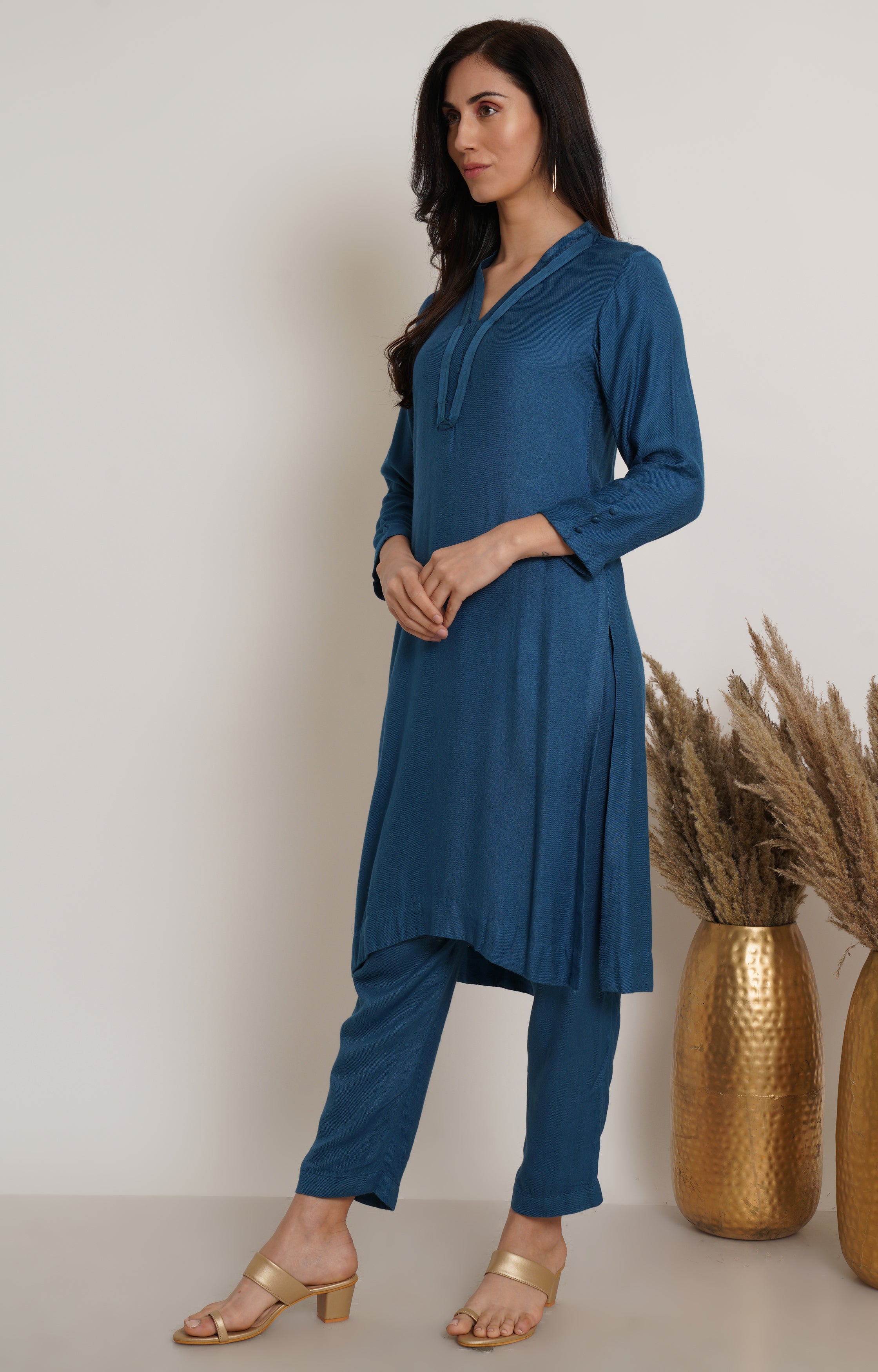 Blue Ruffle Plain Kurta Set Of 2