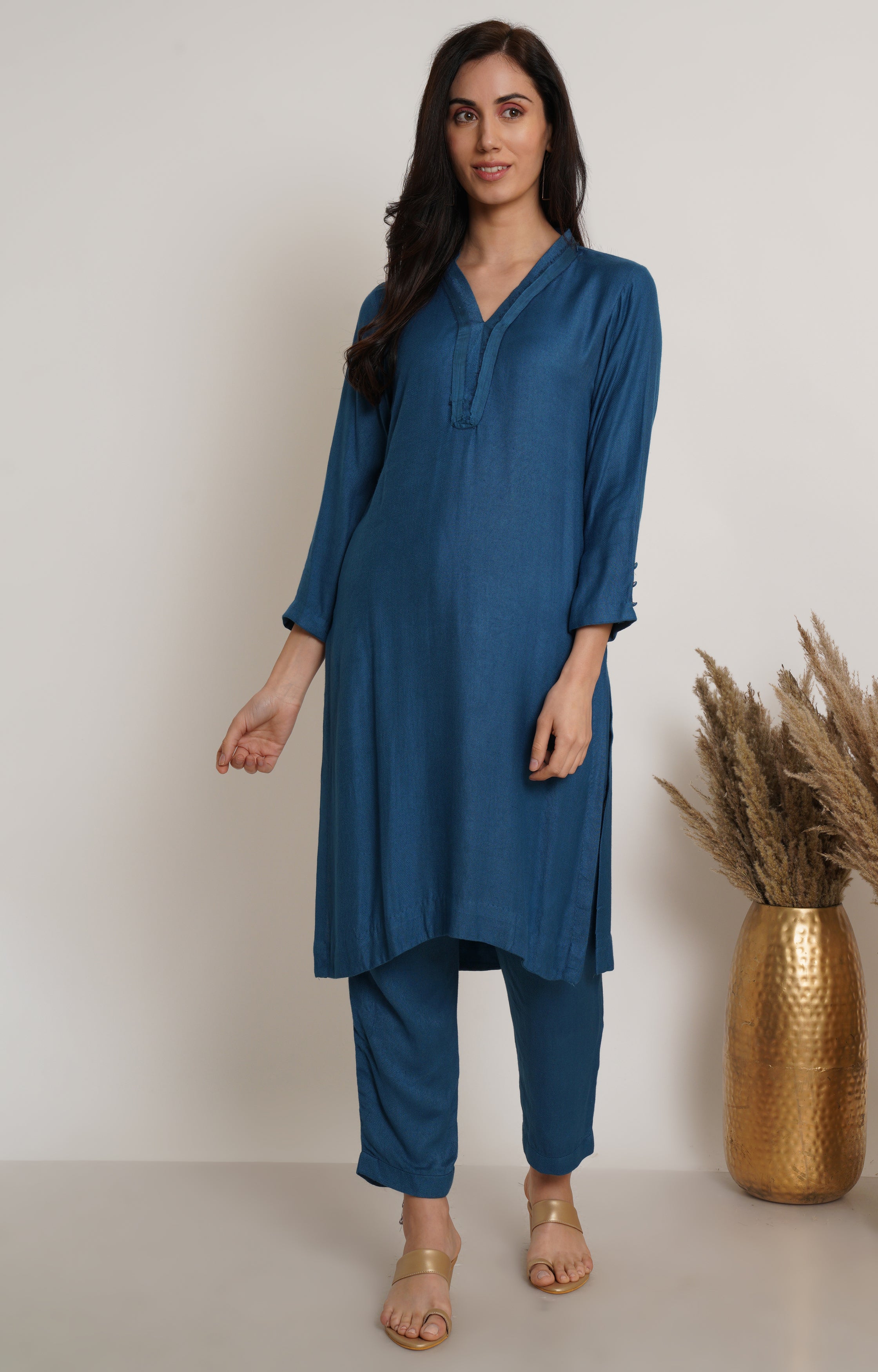 Blue Ruffle Plain Kurta Set Of 2