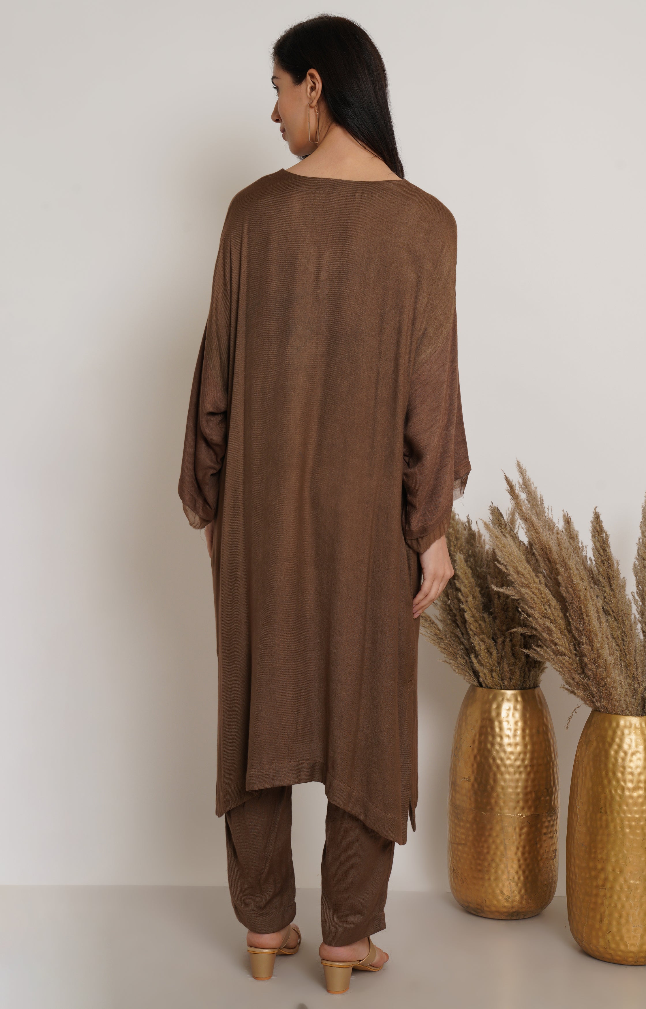 Brown Ruffle Plain Kaftan Set Of 2