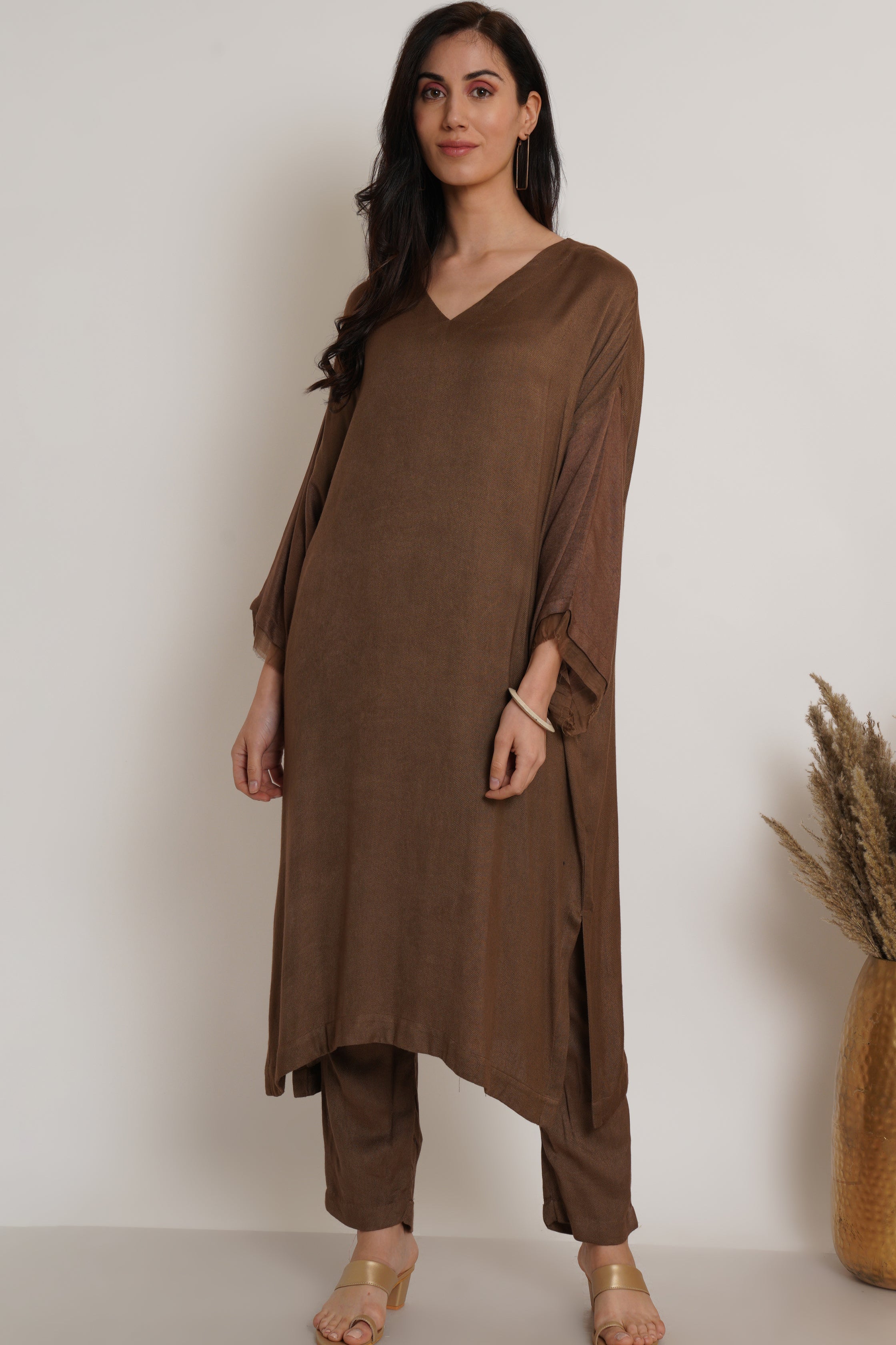 Brown Ruffle Plain Kaftan Set Of 2