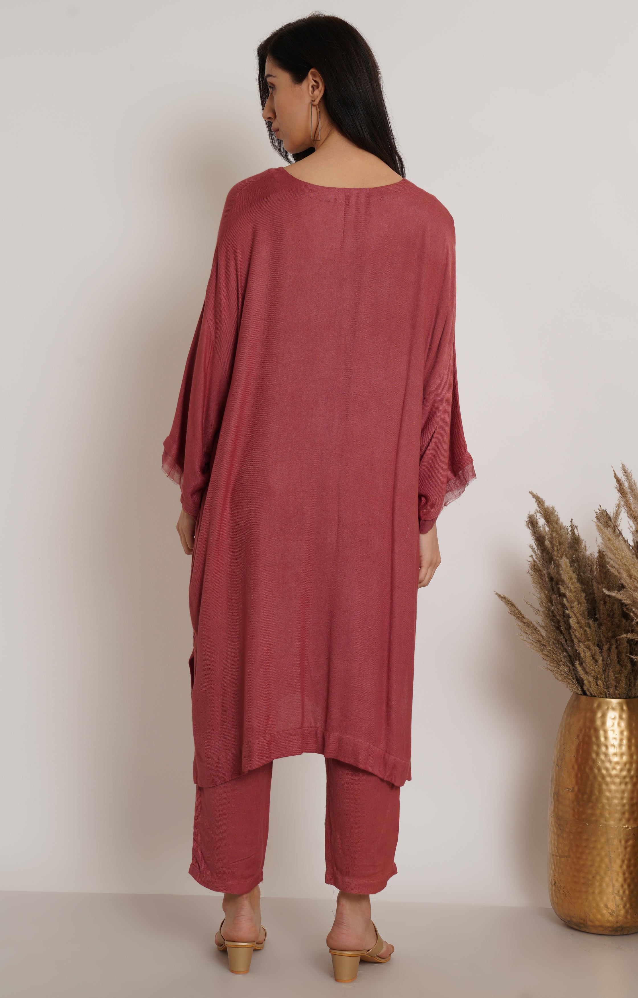 Red Ruffle Plain Kaftan Set Of 2