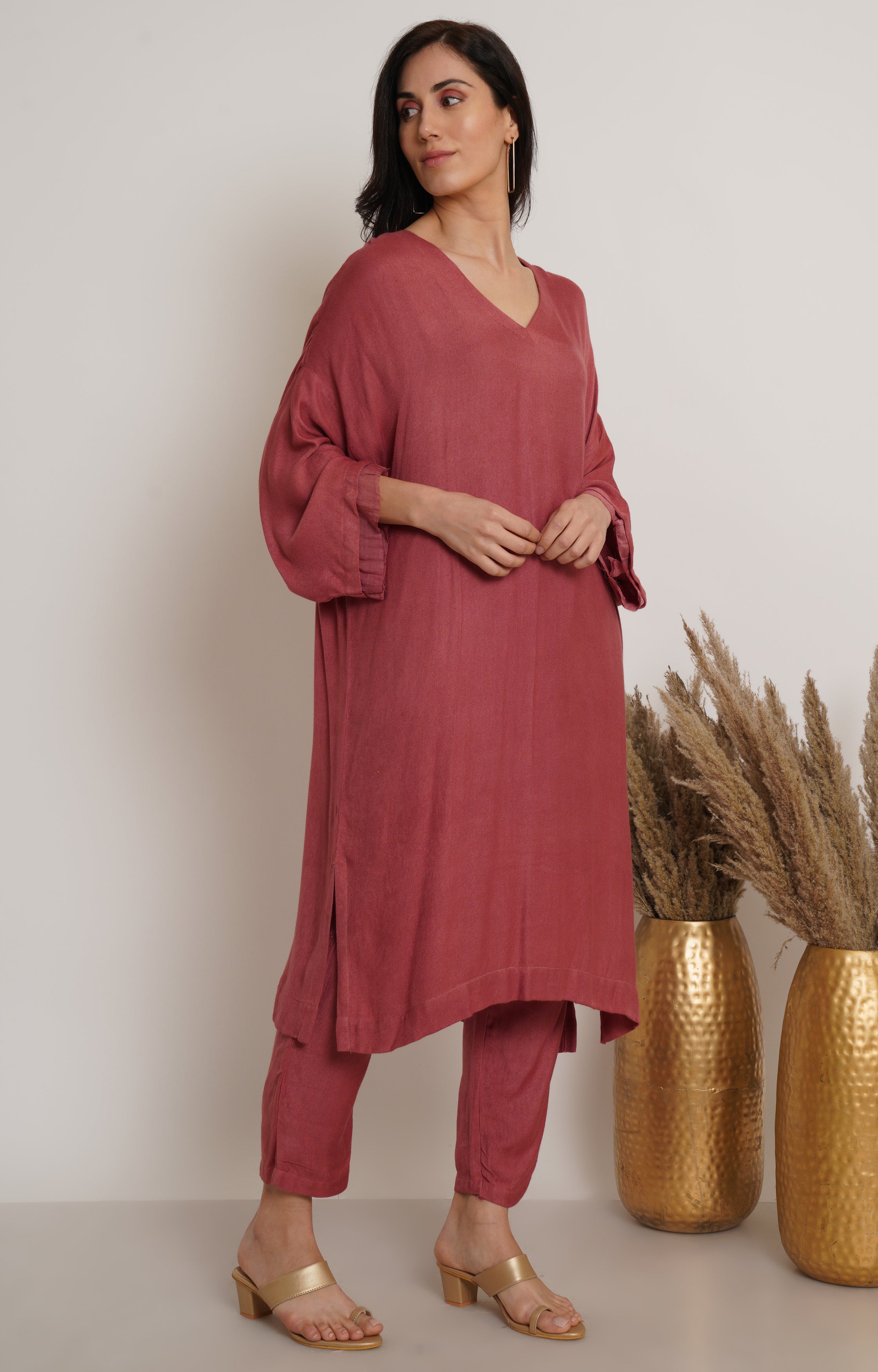 Red Ruffle Plain Kaftan Set Of 2