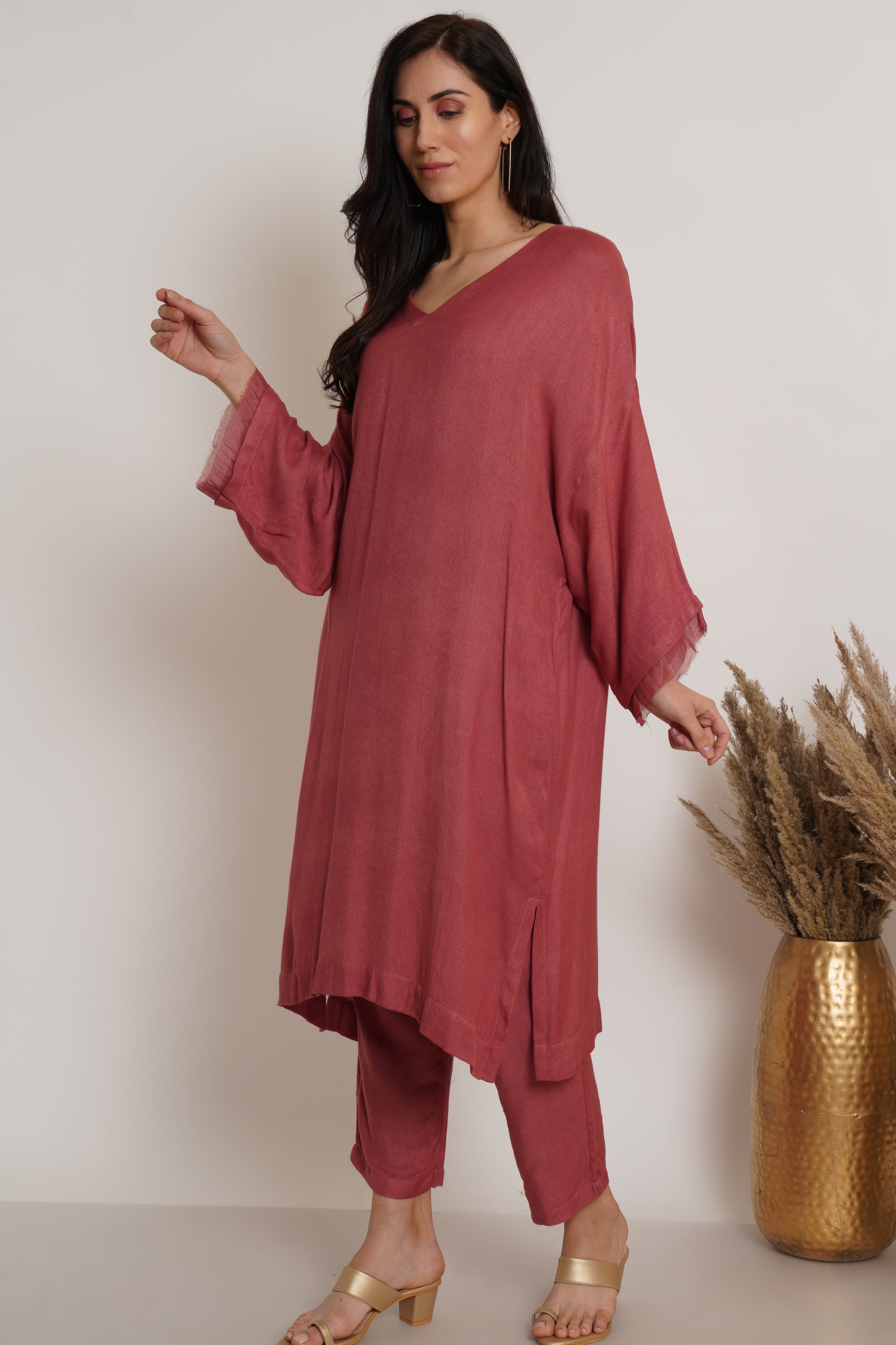 Red Ruffle Plain Kaftan Set Of 2