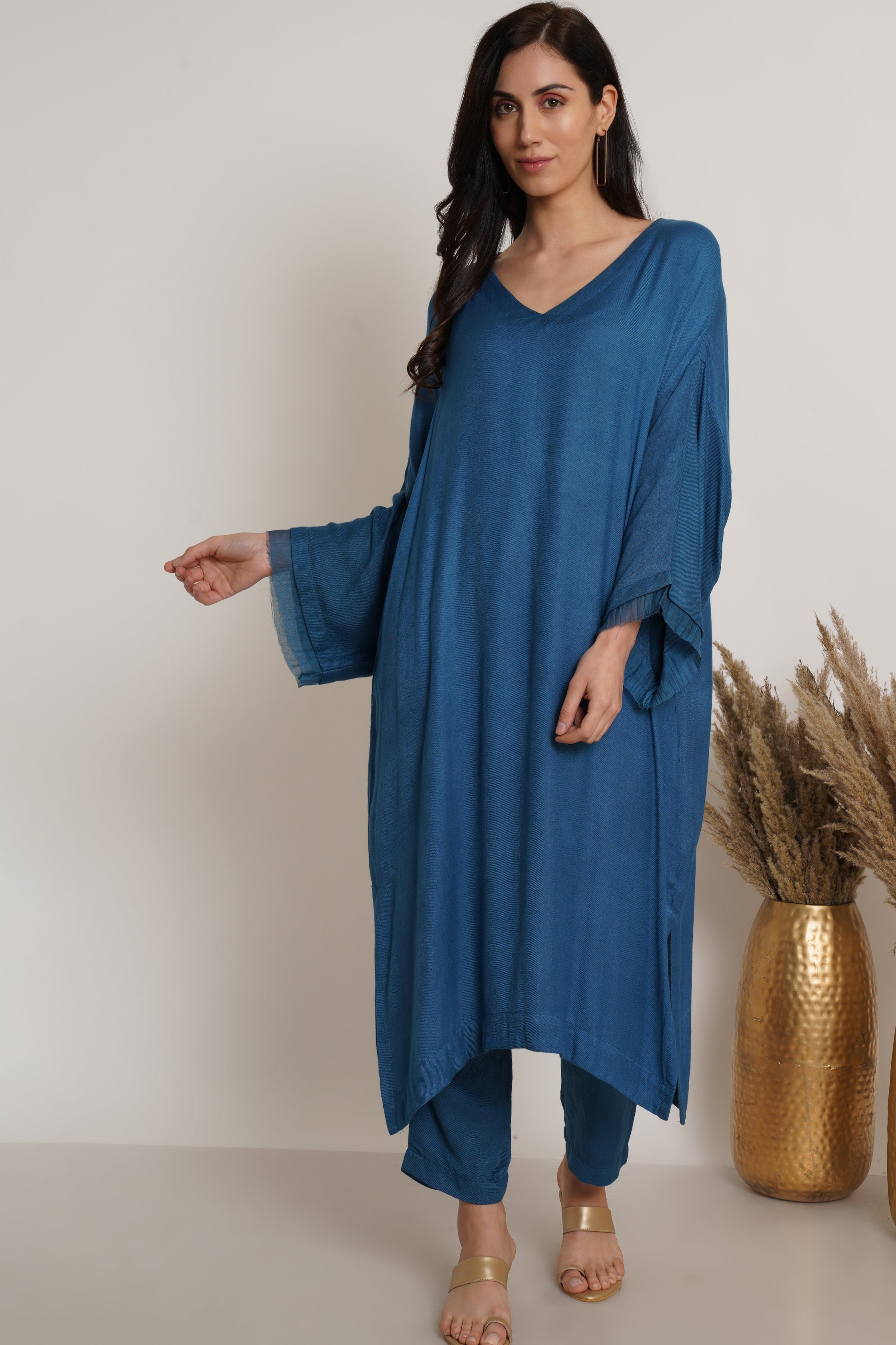 Blue Ruffle Plain Kaftan Set Of 2