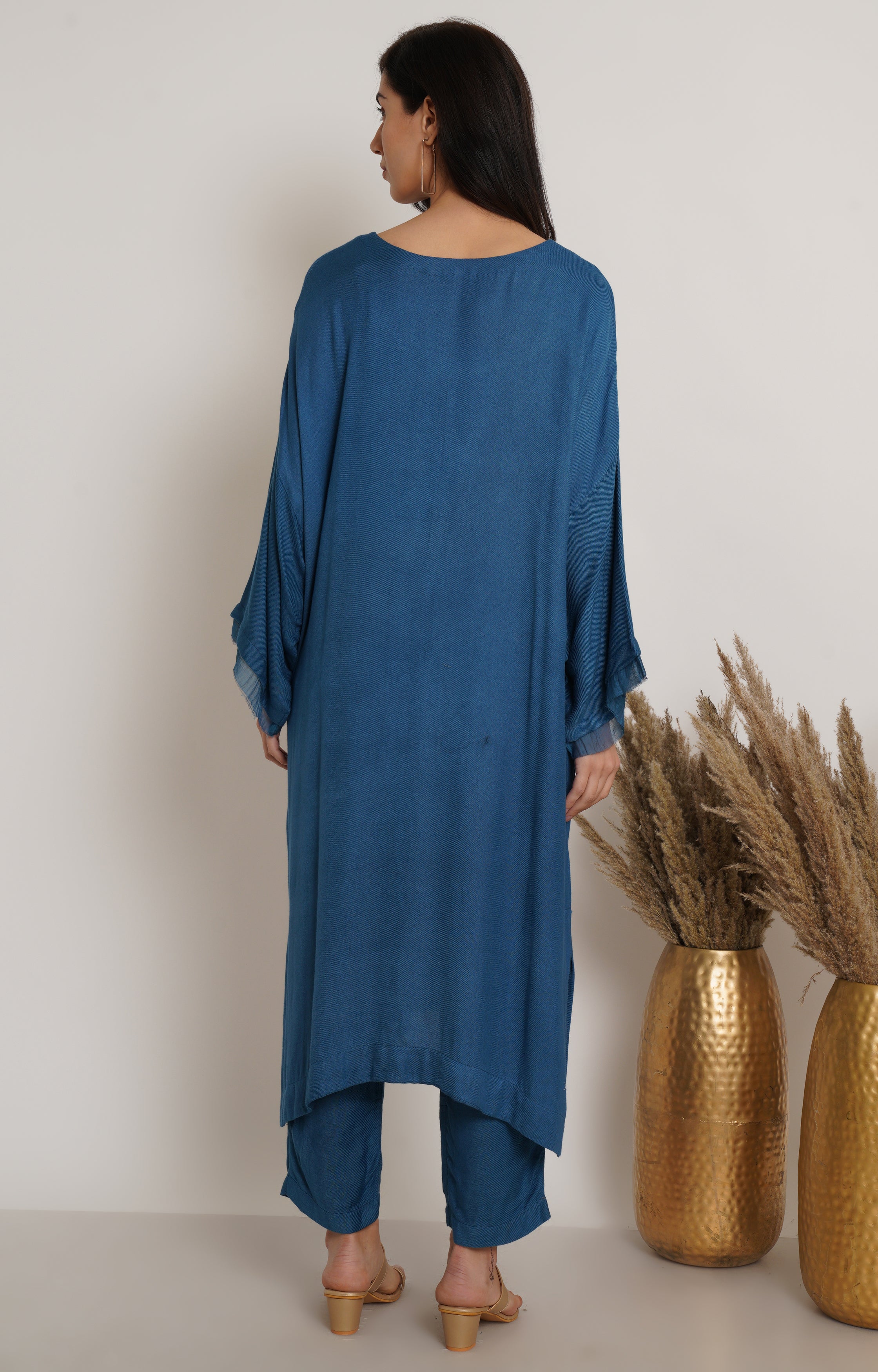 Blue Ruffle Plain Kaftan Set Of 2