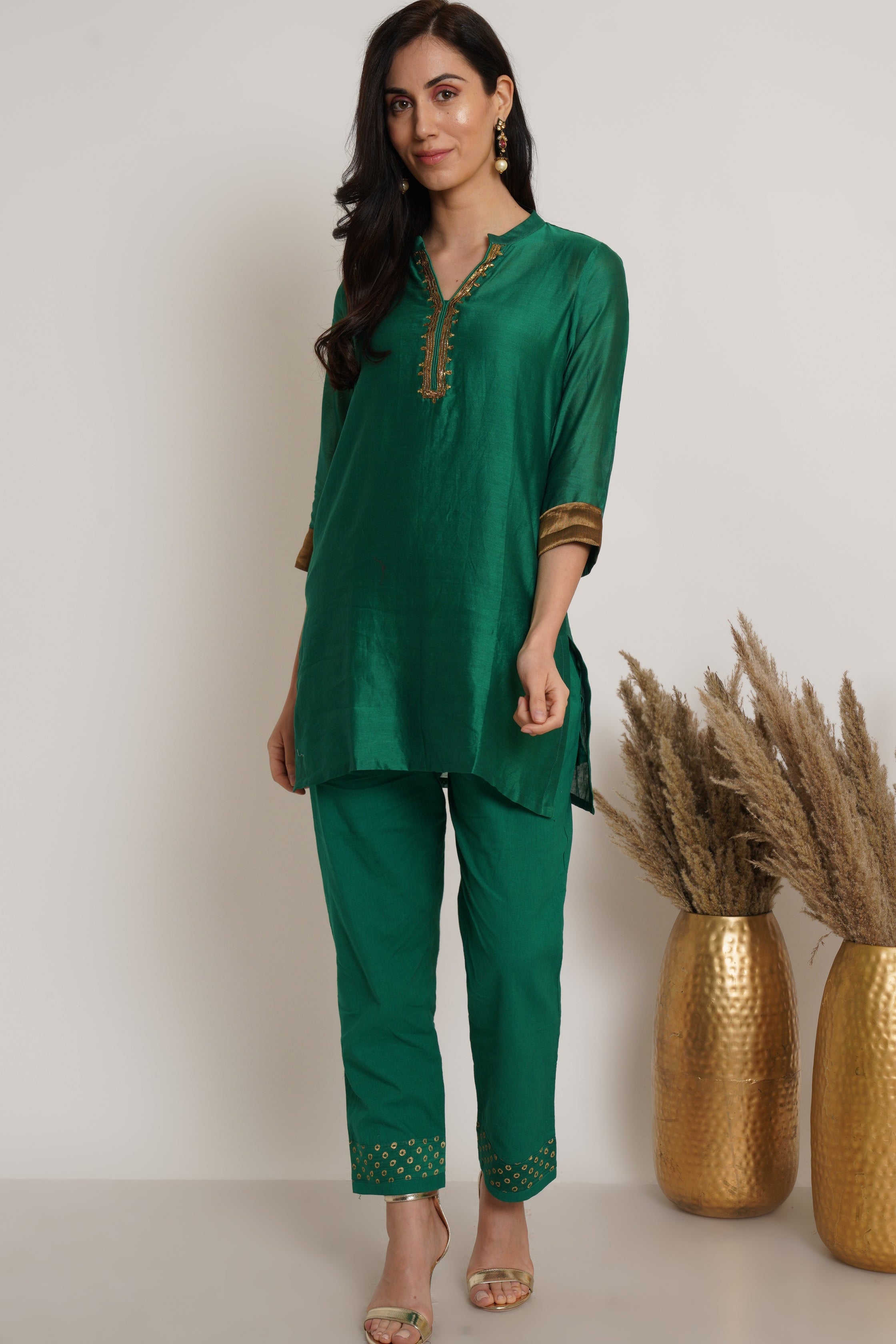 Green Chanderi Tunic Set Of 2