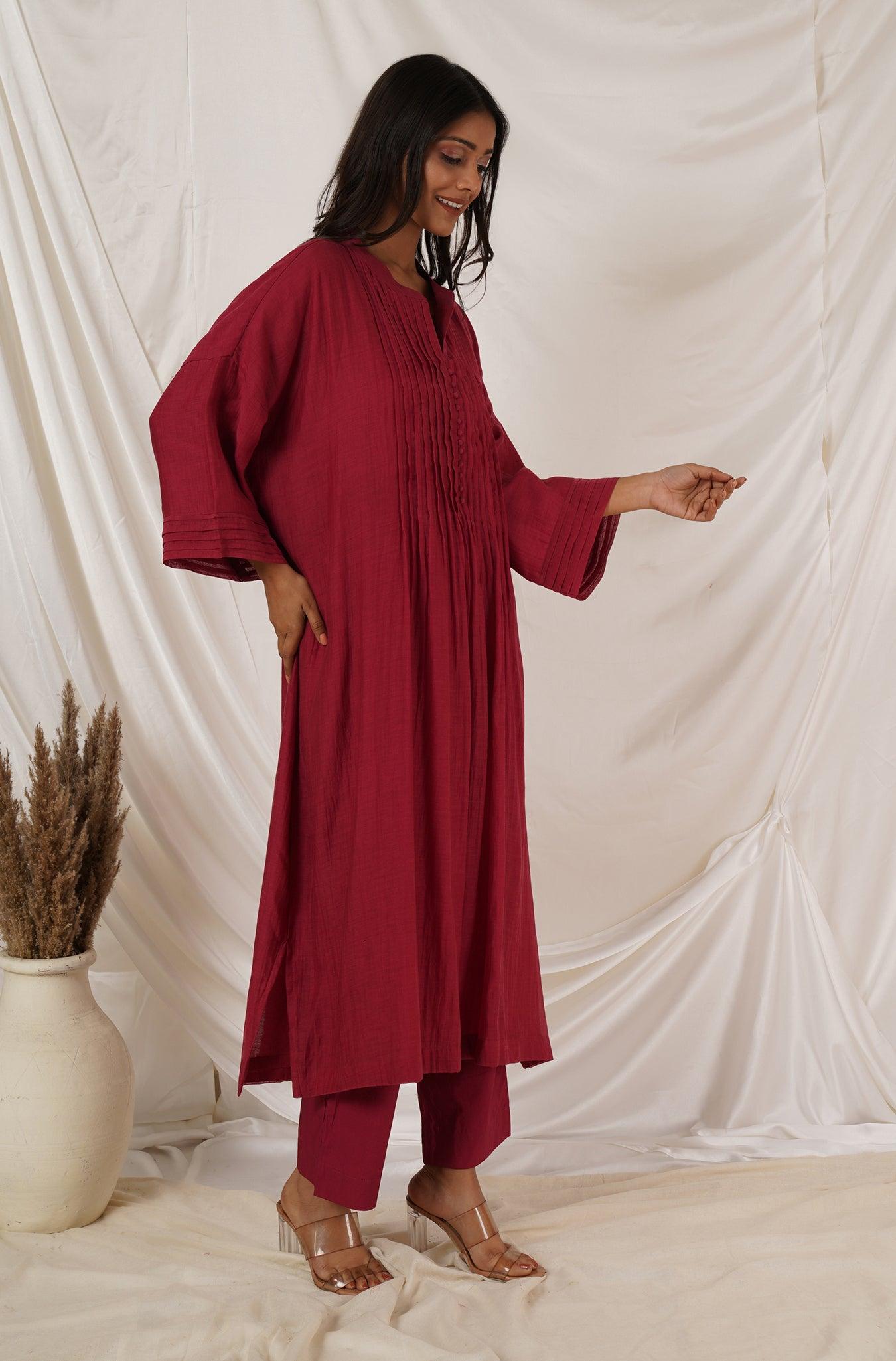 Maroon Pintuck Kaftan Co-ord Set