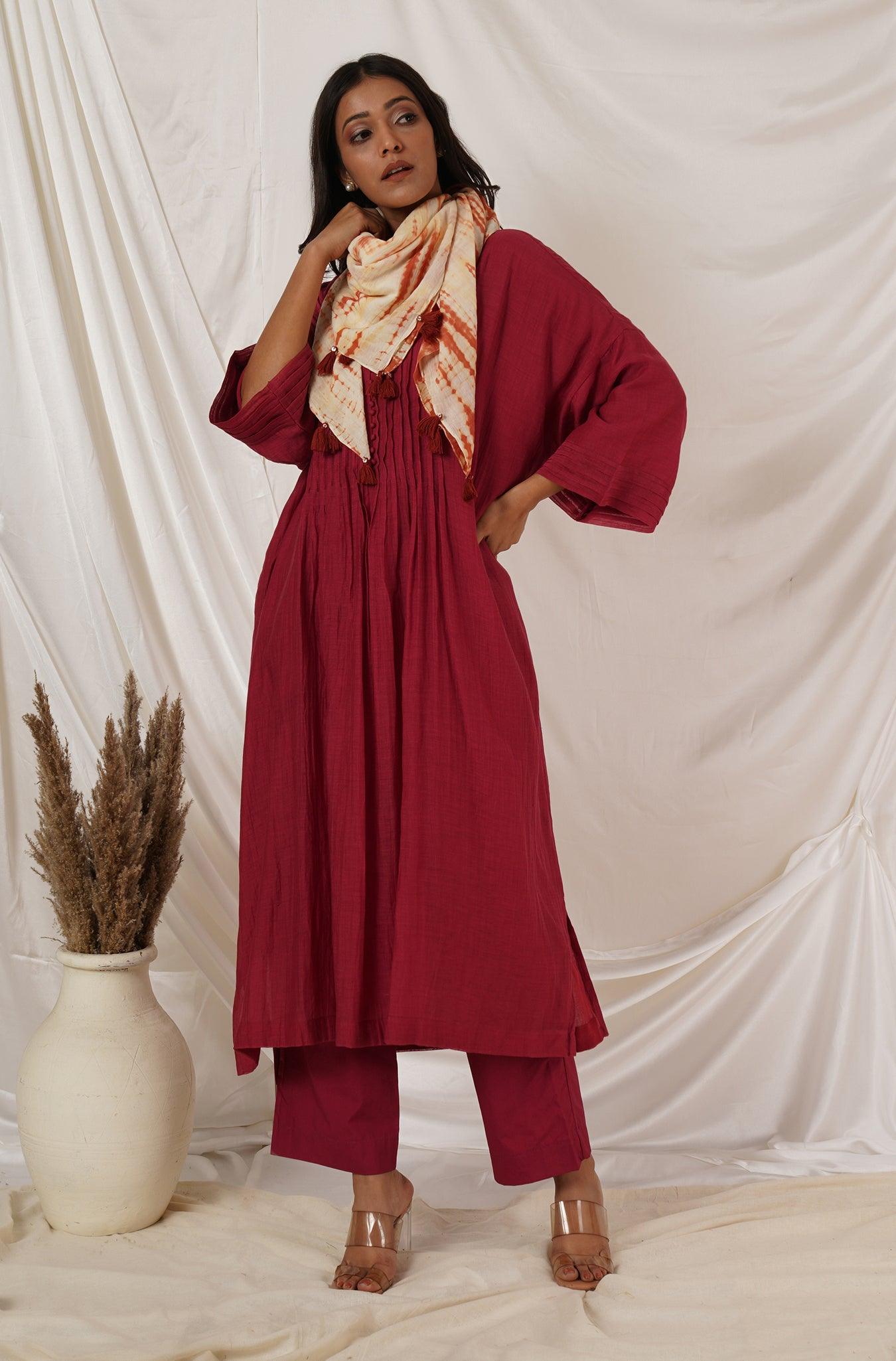 Maroon Pintuck Kaftan Co-ord Set