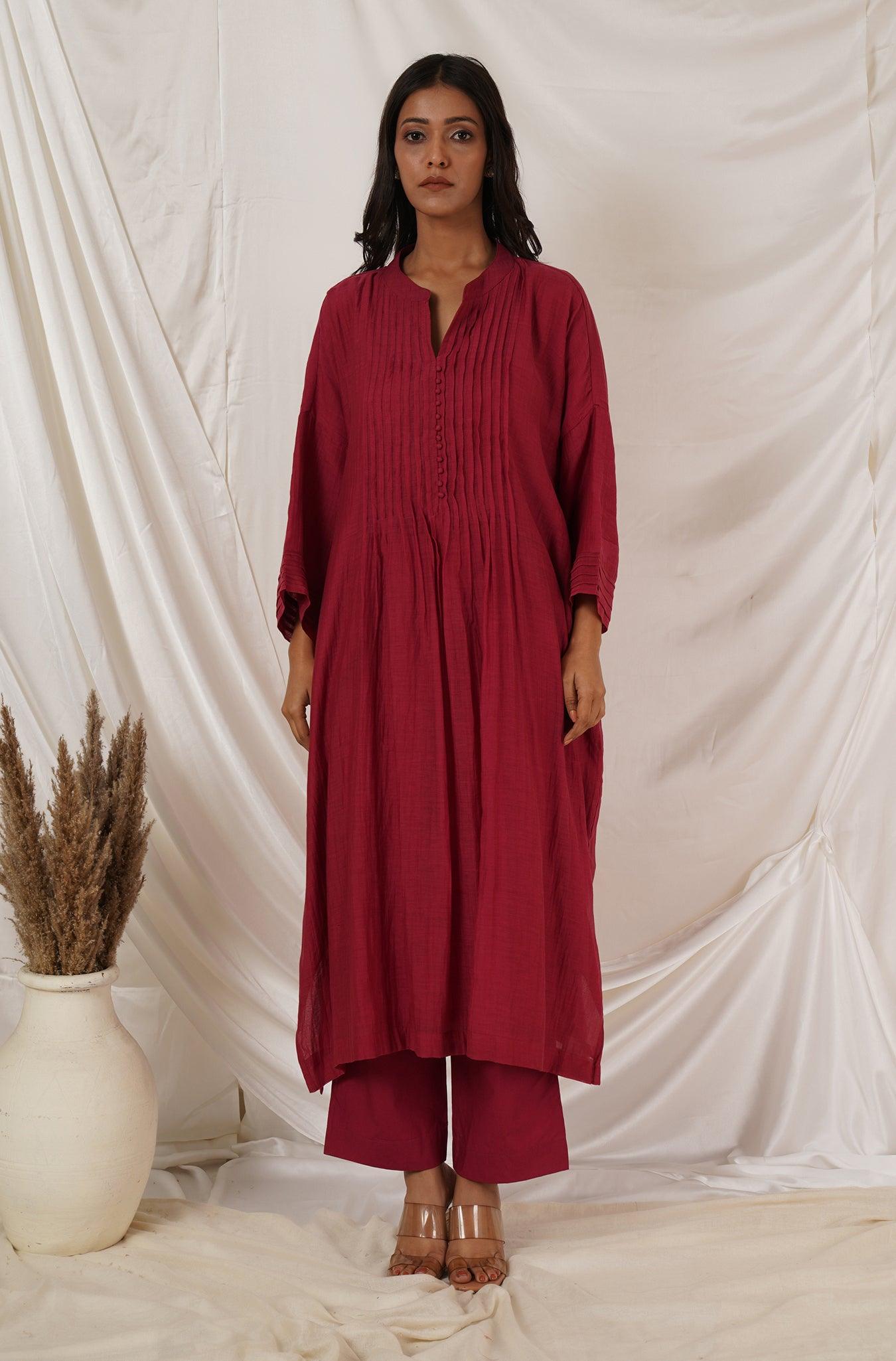 Maroon Pintuck Kaftan Co-ord Set