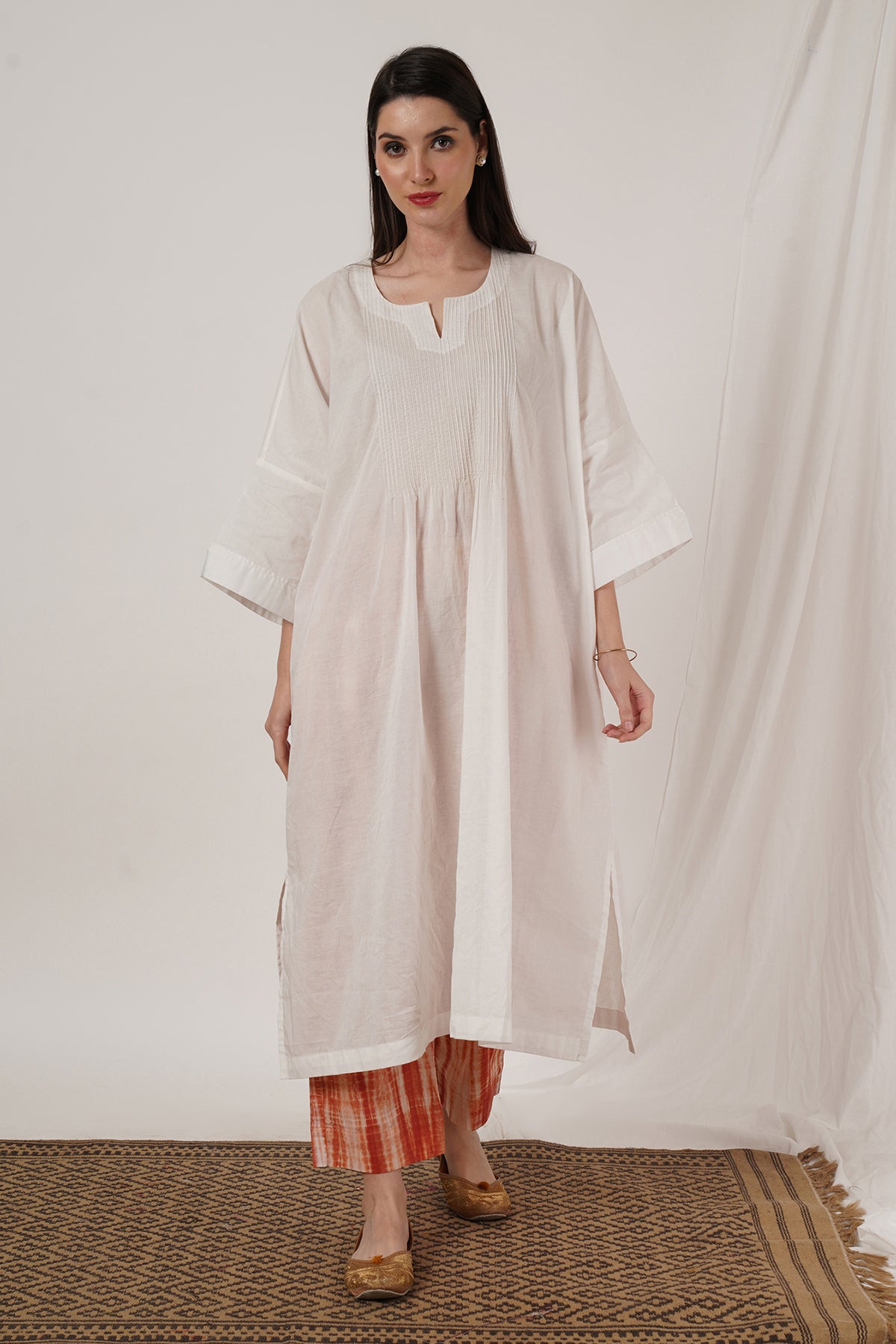 Peach Tie Dye Pant White Kaftan Kurta Set Of 2