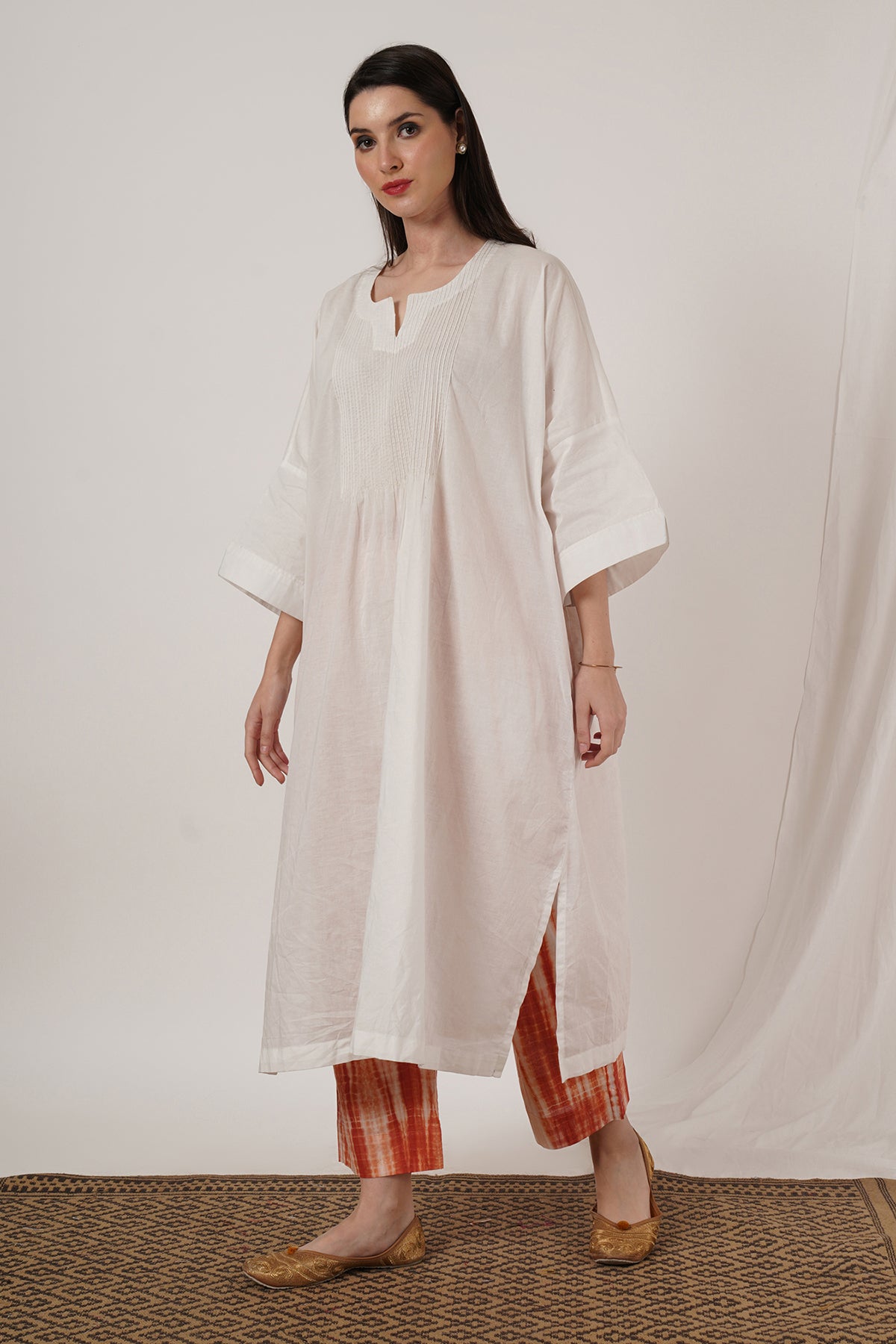 Peach Tie Dye Pant White Kaftan Kurta Set Of 2