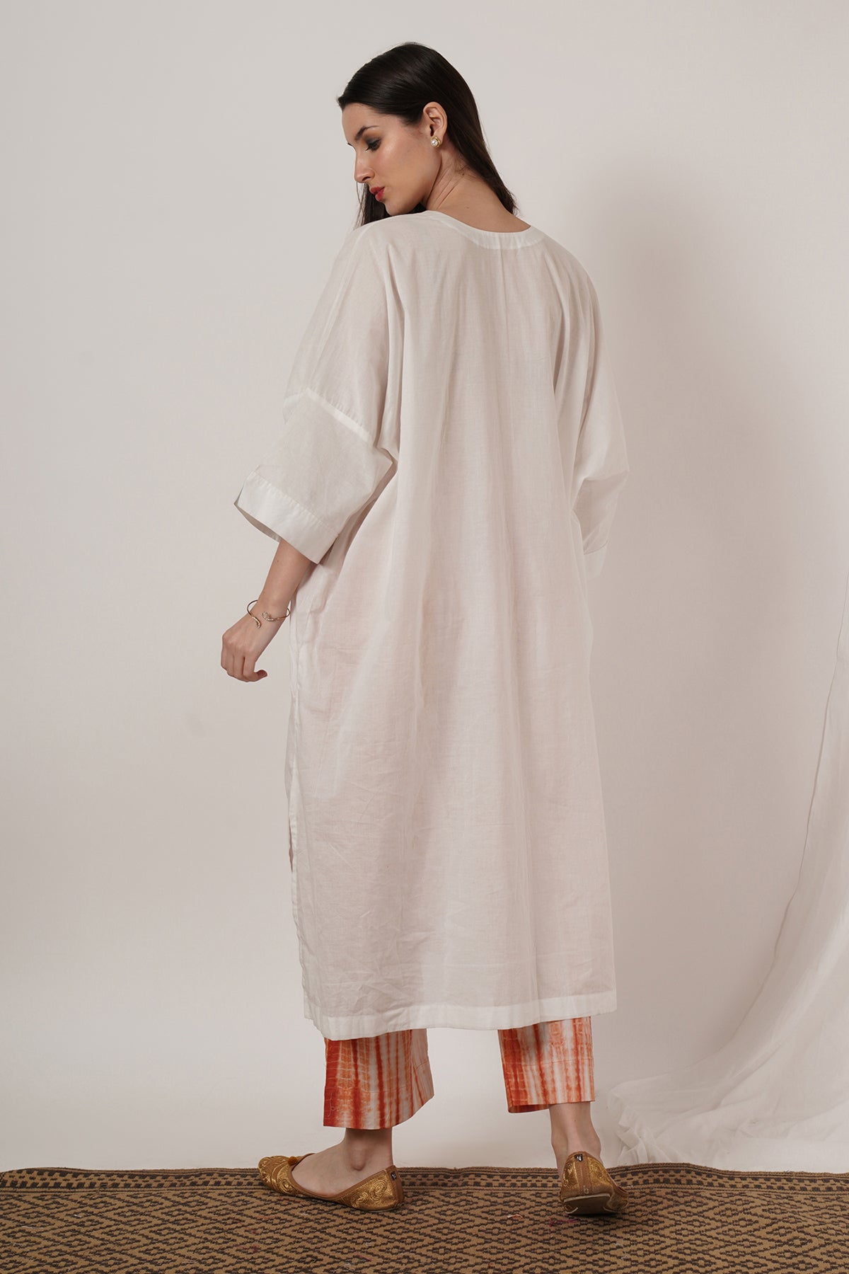 Peach Tie Dye Pant White Kaftan Kurta Set Of 2