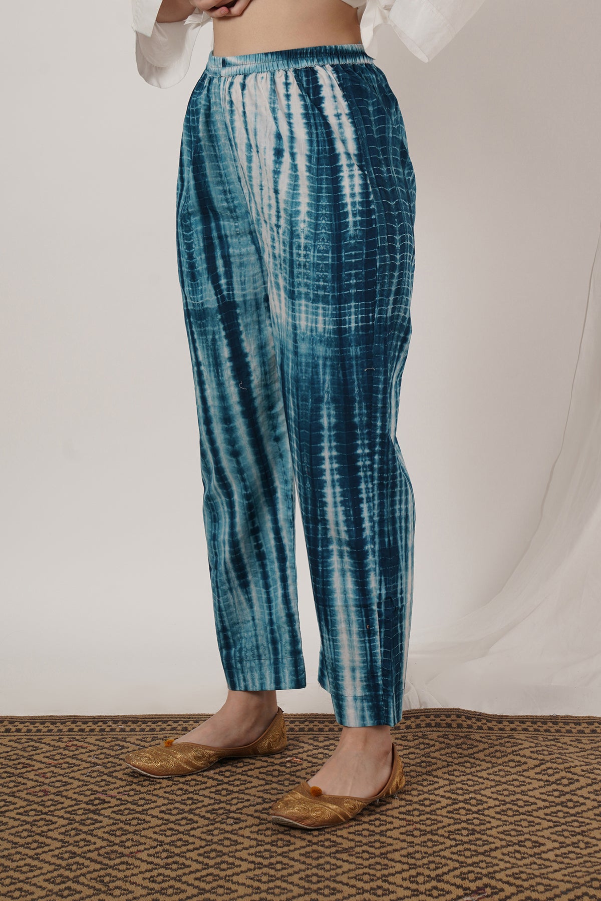 Indigo Blue Tie Dye Pant With White Kaftan Kurta Set Of 2
