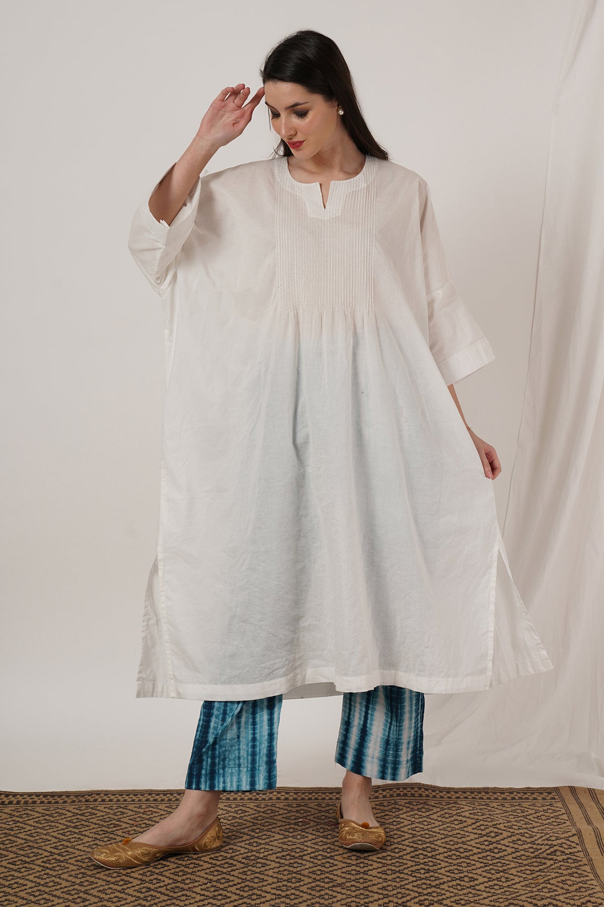 Indigo Blue Tie Dye Pant With White Kaftan Kurta Set Of 2