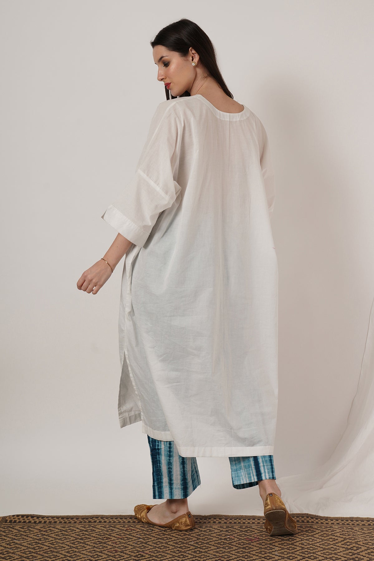 Indigo Blue Tie Dye Pant With White Kaftan Kurta Set Of 2