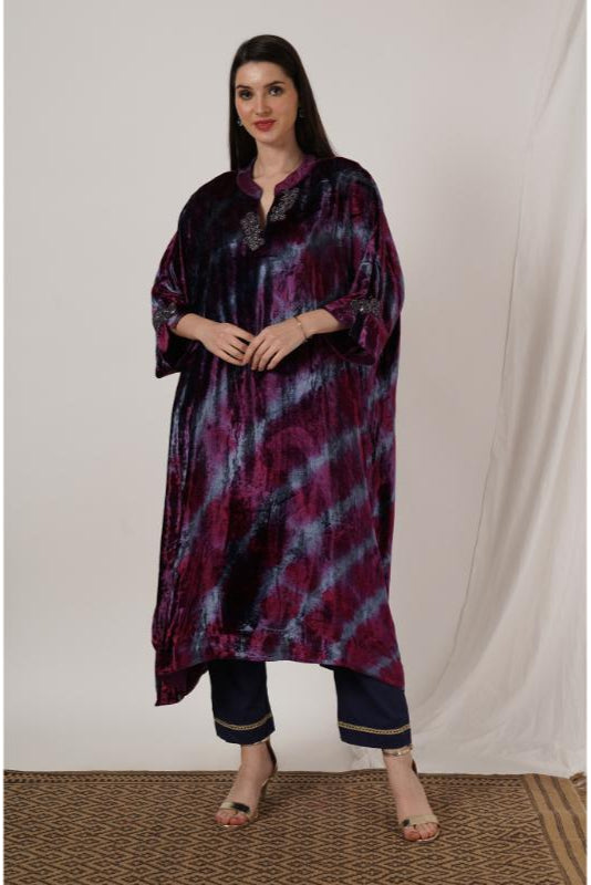 Wine Pink & Grey Tie Dye Velvet Kaftan
