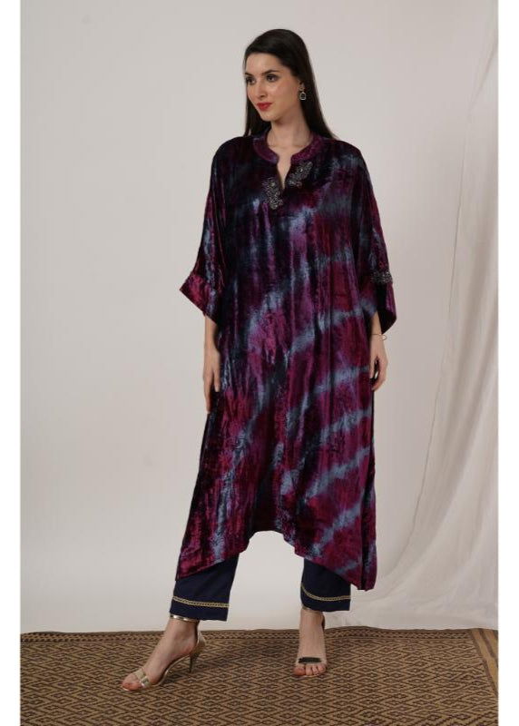 Wine Pink & Grey Tie Dye Velvet Kaftan