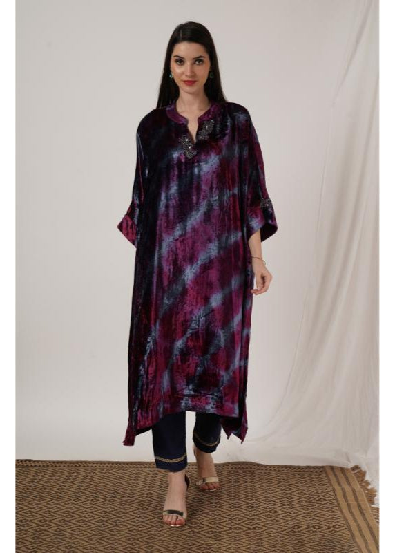 Wine Pink & Grey Tie Dye Velvet Kaftan
