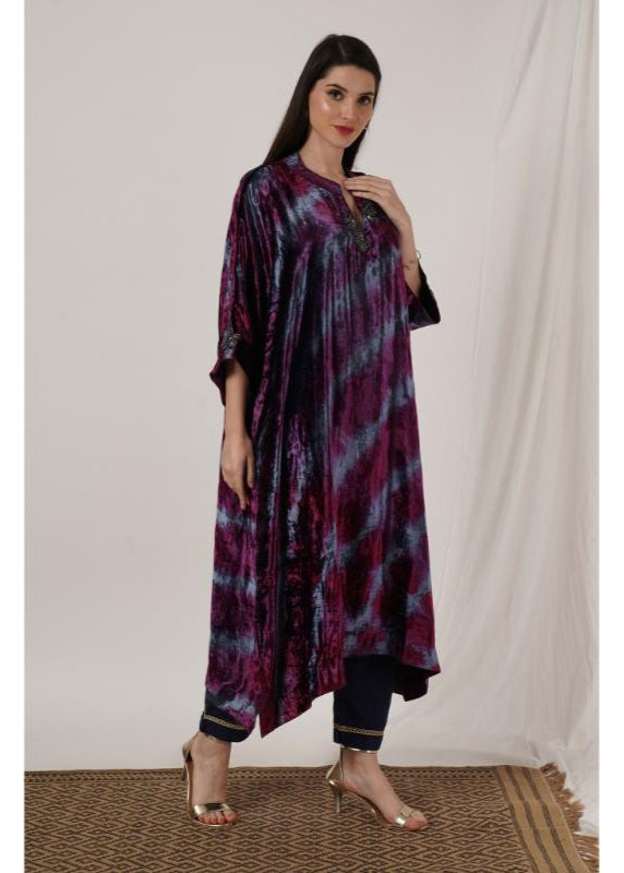 Wine Pink & Grey Tie Dye Velvet Kaftan