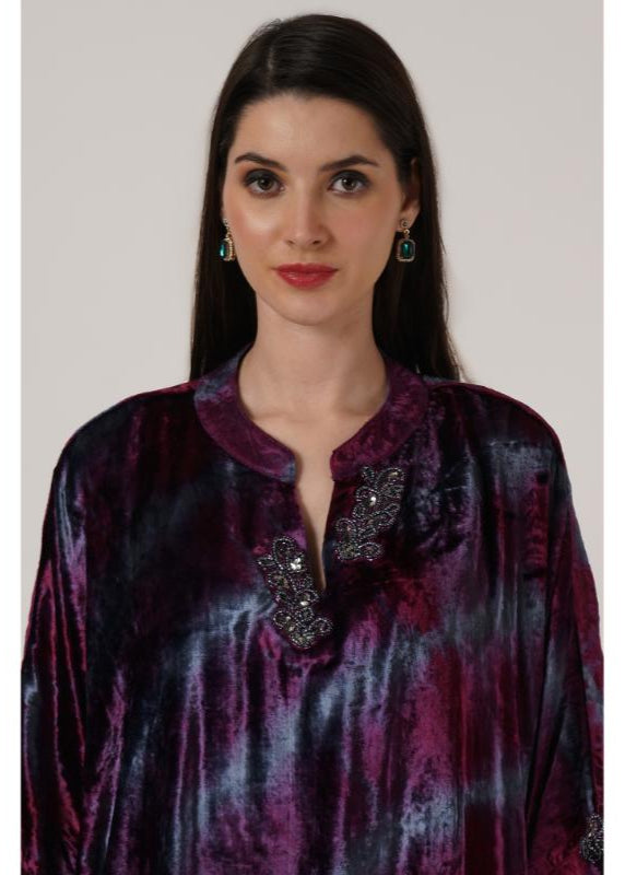 Wine Pink & Grey Tie Dye Velvet Kaftan